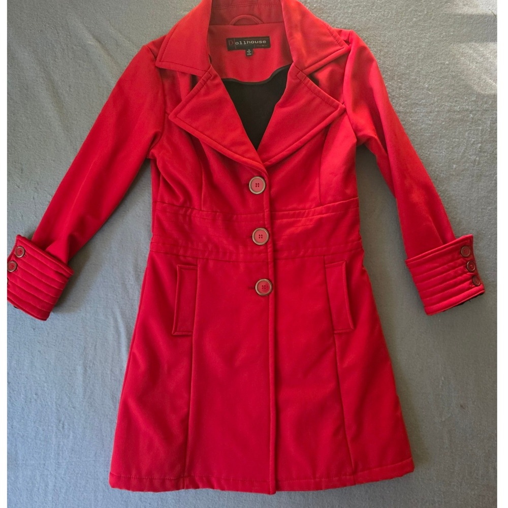 Dollhouse Red Softshell Trench Coat Fleece Lined Button Front Jacket Small